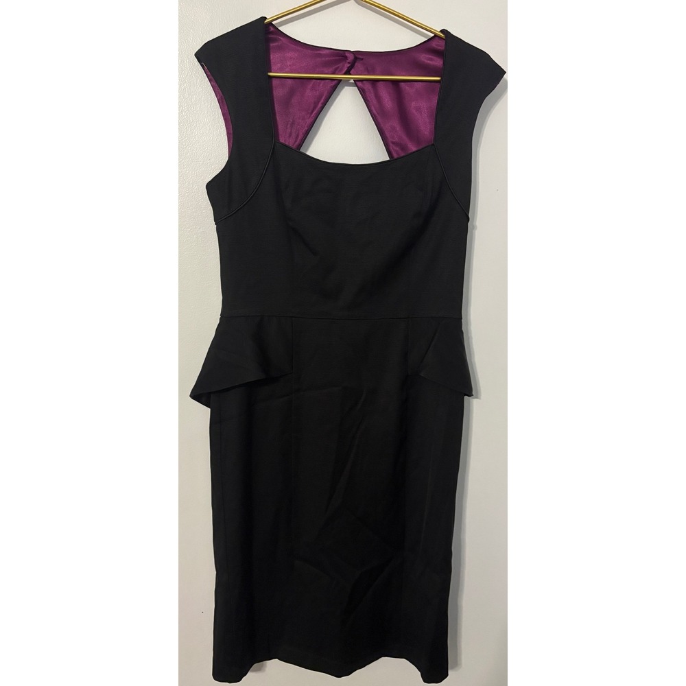 White House Black Market Black Peplum Sheath Dress Purple Lining Cutout Back 12